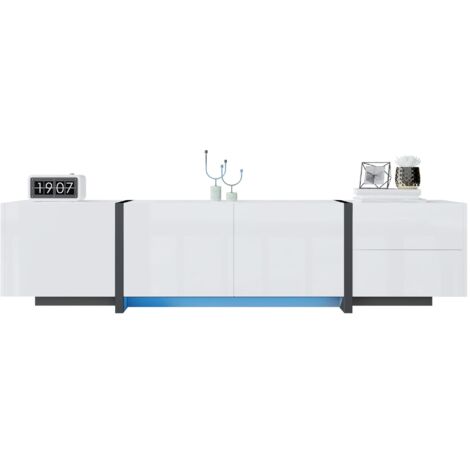 Armoire TV, panneau bas, meuble blanc à haute brillance et pieds de table noirs contrastés, avec portes et tiroirs simples. (1/5)