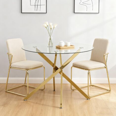 Table ronde à manger avec plateau en verre trempé et pieds dorés, table basse, table à manger minimaliste moderne, 80 × 80 × 76 cm (1/5)
