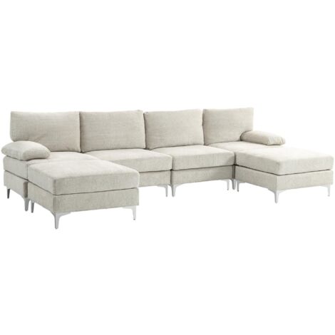Canapé modulable 4 places avec 2 repose-pieds et coussins d'accoudoirs et de dossier, canapé avec îlot central en tissu effet chenille, 313 x 149 x 88 cm, blanc crème (1/5)