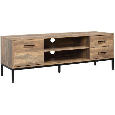 Meuble TV/banc pour téléviseurs de 50 pouces et moins, avec placards, 2 tiroirs et 1 étagère - 2 trous de gestion des câbles - 132 x 39 x 45,5 cm, marron/noir. (1/5)
