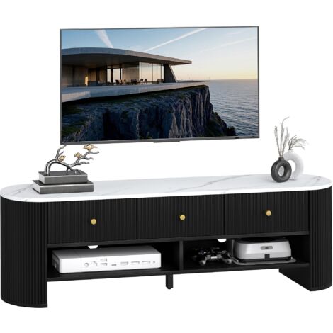 Meuble TV 140 cm, meuble télé pour téléviseur 65 pouces effet marbre avec 3 tiroirs façades à cannelures 2 étagères noir (1/5)