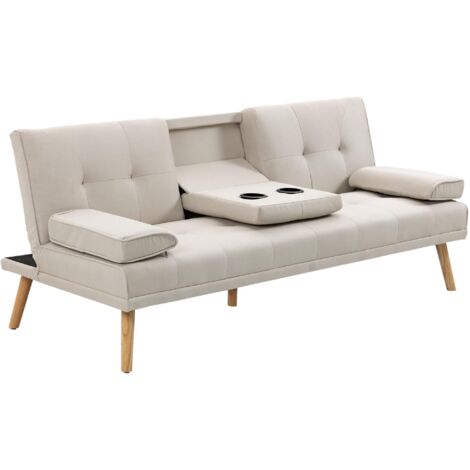 Canapé convertible 3 places, canapé-lit rembourré avec dossier réglable 3 niveaux, 2 coussins et 2 porte-gobelets intégrés, tissu de lin, pour salon, chambre d'amis, petit espace, beige (1/5)
