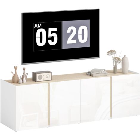 Meuble TV, banc TV avec 4 portes à fermeture amortie, étagère réglable et passe-câbles, 135 x 38 x 45 cm, blanc (1/5)