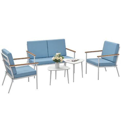 Salon de jardin extérieur 4 personnes, salon de balcon 5 pièces avec canapé, 2 fauteuils et 2 tables basses bleu clair (1/5)
