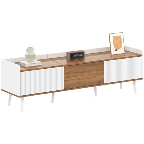 Armoire TV, table TV, meuble TV, placard de base trois portes. Conception compacte. Finition blanc et bois naturel. Hauteur 49,5 cm / Longueur 160 cm / Largeur 39 cm (1/5)