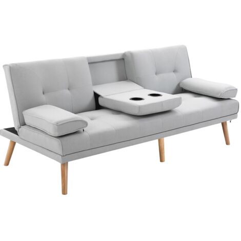 Canapé convertible 3 places, canapé-lit rembourré avec dossier réglable 3 niveaux, 2 coussins et 2 porte-gobelets intégrés, tissu de lin, pour salon, chambre d'amis, petit espace, gris clair (1/5)