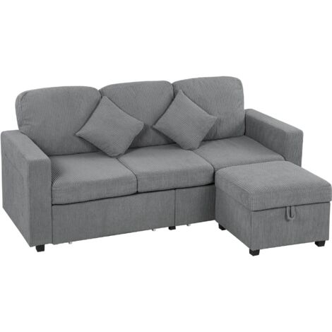 Canapé d'angle trois places, canapé d'angle modulable en velours côtelé, mesurant 196 x 139 x 85 cm, avec espace de rangement, repose-pieds et coussins amovibles, forme en L rabattable, gris clair. (1/5)