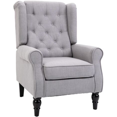 Fauteuil de chambre de style français avec assise large, capitonné, avec accoudoirs et rembourrage, pieds en bois, gris, idéal pour le salon et le bureau. (1/5)