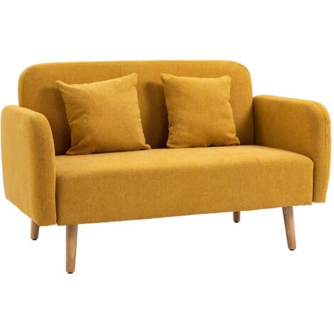 Canapé 2 places avec 2 coussins décoratifs, petite causeuse avec revêtement en velours, canapé moderne capitonné pour salon, chambre, petite pièce, jaune, 130 x 70 x 80 cm (1/5)