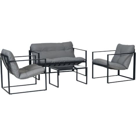 Un ensemble de mobilier de jardin quatre pièces pour quatre personnes, comprenant un canapé deux places, deux fauteuils et une table basse, de couleur grise. (1/5)