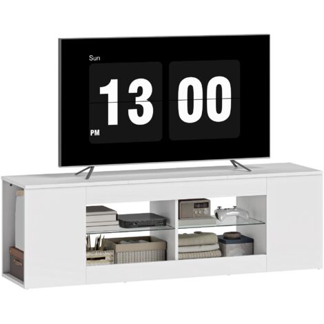 Meuble TV, hauteur 140 cm, 6 étagères, 2 étagères en verre, en panneaux de particules, blanc, convient pour le salon et la chambre. (1/5)