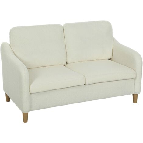 Canapé 2 places revêtu de sherpa respirant avec 2 coussins amovibles et lavables, pieds en bois d'eucalyptus, canapé gain de place avec accoudoirs pour salon, 137 x 69 x 82 cm, crème (1/5)
