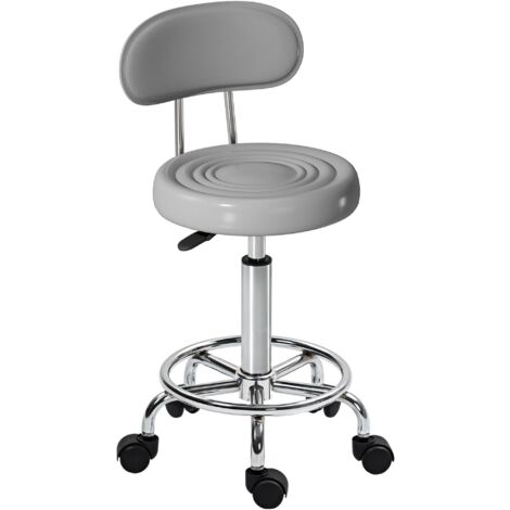 Tabouret à roulettes pivotant et réglable avec dossier, revêtement en similicuir, repose-pieds, pour coiffeuse, gris (1/5)