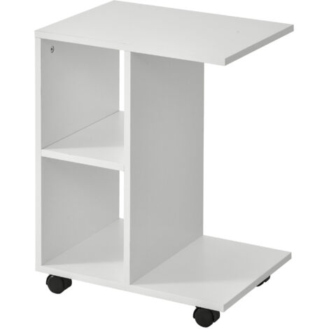Table basse en forme de C avec 2 étagères ouvertes et 4 roues, métal d’ingénierie, 45x35x58 cm, blanche (1/5)