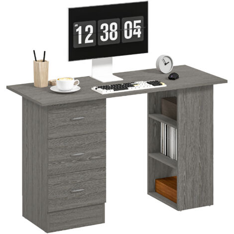 Bureau d'ordinateur réversible, table informatique avec 3 tiroirs et 3 étagères ouvertes, 120 x 49 x 72 cm, gris (1/5)