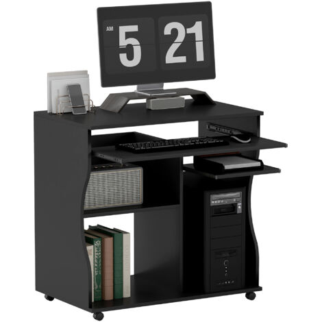 Bureau d'ordinateur à roulettes avec espace de rangement, mesurant 80 x 48 x 75 cm, noir, convenant pour un bureau ou une chambre. (1/5)