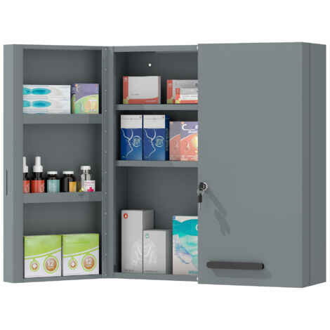 Armoire à pharmacie verrouillable, double porte, six étagères, gris anthracite, adaptée à une utilisation dans la salle de bain. (1/5)