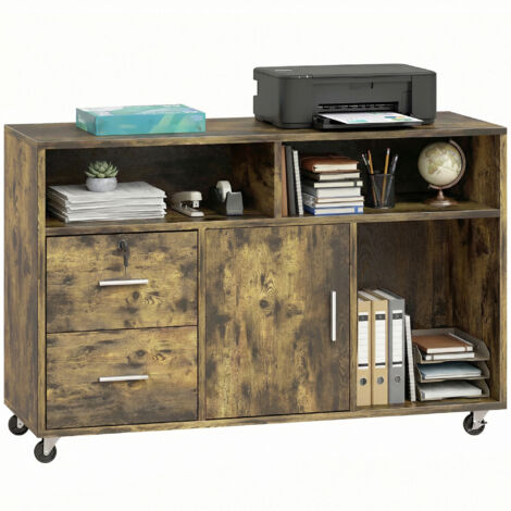 Armoire d’imprimante sur roulettes avec 2 tiroirs, 3 étagères et 2 armoires, en bois, 100x35x65 cm, marron (1/5)