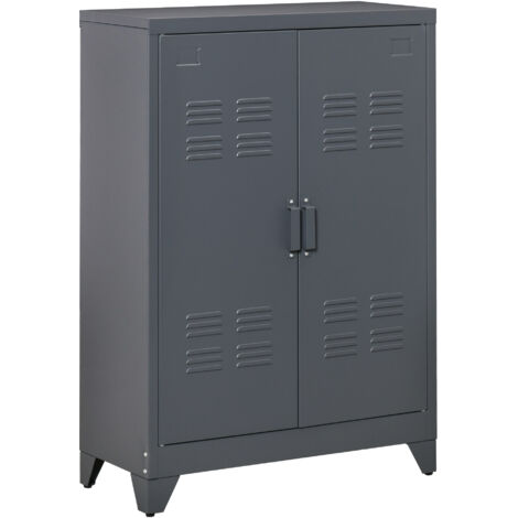 HOMCOM Armoire de bureau à 3 niveaux, meuble de rangement bureau métallique avec 2 portes et étagères réglables, armoire à dossiers pour domicile, garage, gris (1/5)