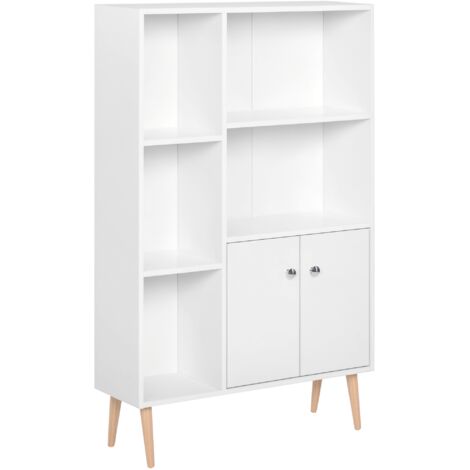 HOMCOM Bibliothèque scandinave meuble de rangement dim. 80L x 23,5l x 123H cm 5 niches placard 2 portes pieds effilés inclinés bois massif panneaux particules blanc (1/5)