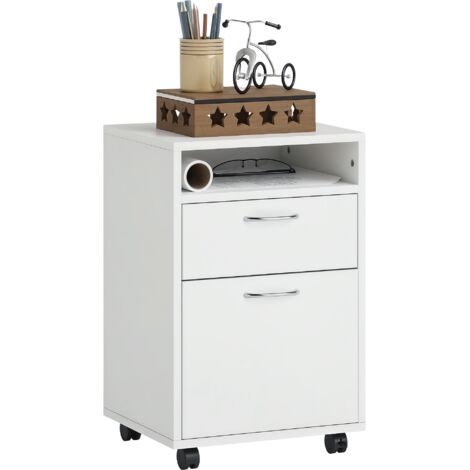 HOMCOM Caisson de bureau rangement bureau sur roulettes tiroir placard niche panneaux particules blanc (1/5)