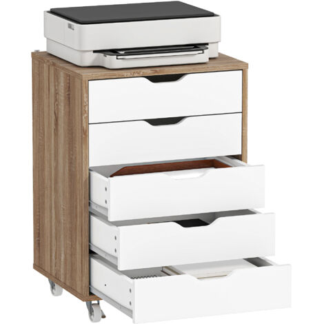 Caisson bureau mobile, meuble rangement bureau sur roulettes, 5 tiroirs, 47,5 x 39,5 x 67,5 cm, blanc et chêne (1/5)