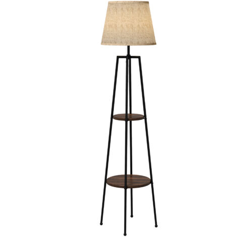Lampadaire 2 étagères de rangement douille E27 40 W interrupteur à tirette abat-jour tissu 42 x 42 x 166 cm noir marron (1/5)