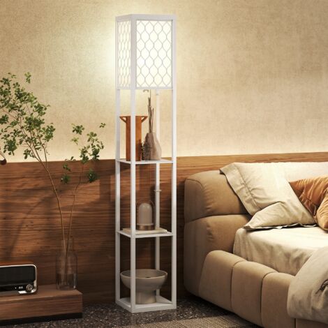 Ce lampadaire moderne 2 en 1 est doté de trois étagères de rangement, d'une base de lampe universelle E27 et mesure 26x26x160 cm en blanc pur. (1/5)