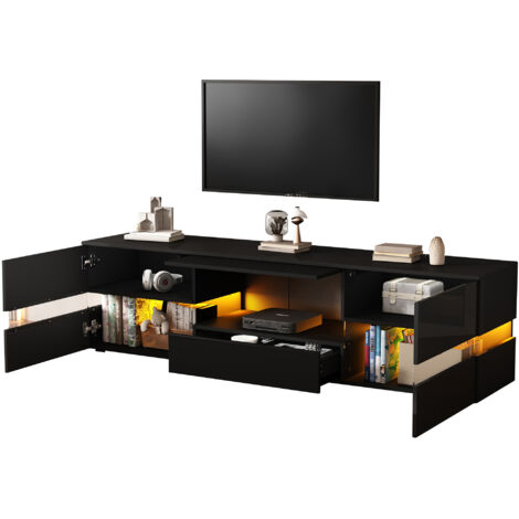 Meuble TV moderne laqué brillant, mesurant 160x39x45 cm, avec éclairage LED, 2 portes, 1 tiroir, étagères ouvertes, noir. (1/5)