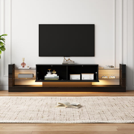 Meuble TV laqué brillant avec éclairage LED, 181 cm – Pour téléviseurs jusqu'à 80 pouces, façade en verre, deux tiroirs rabattables (1/5)