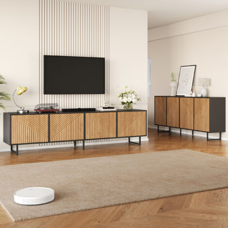 Un buffet de salon (160 x 40 x 75 cm) + un meuble TV à quatre portes (180 x 40 x 50 cm) en bois naturel avec des accents noirs, adapté à un téléviseur de 80 pouces. (1/5)