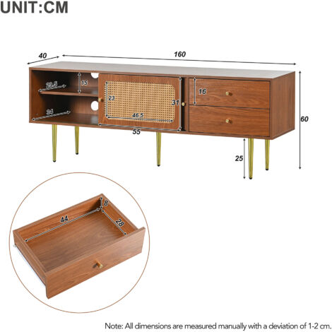Meuble TV élégant avec portes coulissantes en rotin et tiroirs pratiques, noyer avec rotin plastique foncé, 2 tiroirs, 2 portes coulissantes en rotin, 4 compartiments de rangement, 160x40x60cm. (1/5)