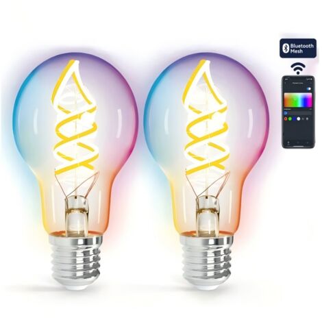 Kit 2 Ampoules Smart Bluetooth Mesh Aigostar A60 E27 4,9W RGBW, filament spiralé avec verre dégradé + télécommande (1/2)