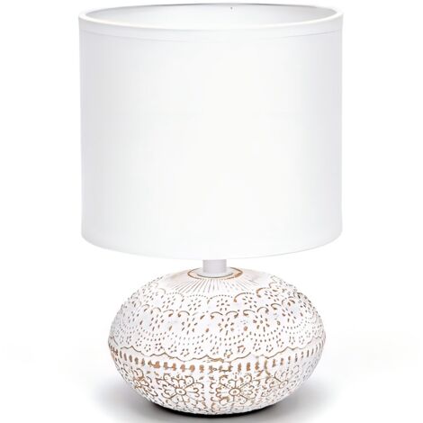 Lampe décorative en céramique blanche vieillie avec motif en dentelle, base E14, style douillet (1/3)