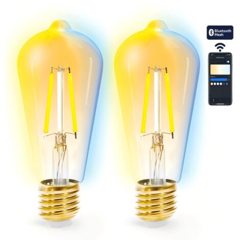 Kit 2 Ampoules Smart Bluetooth en maillage ST64 E27 6W CCT réglables, filament ambre vintage + télécommande (1/2)