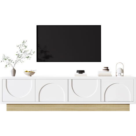 Meuble TV blanc moderne avec finition imitation bois – 175 cm – Design minimaliste et incurvé – Grand espace de rangement et gestion des câbles (1/5)