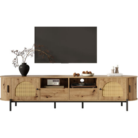 Meuble TV ovale en rotin, portes coulissantes, tiroirs, aspect bois, pieds en métal, meuble de salon multifonctionnel avec espace de rangement (1/5)