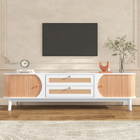 Meuble TV en bois naturel avec portes et tiroirs. Meuble TV avec côtés en rotin. Solution de rangement, style champêtre naturel. (1/5)