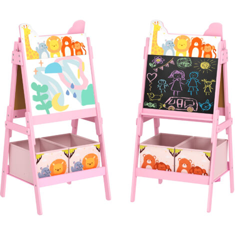 Chevalet enfant 2 en 1 tableau blanc et ardoise avec boîtes de rangement rose 3-8 ans