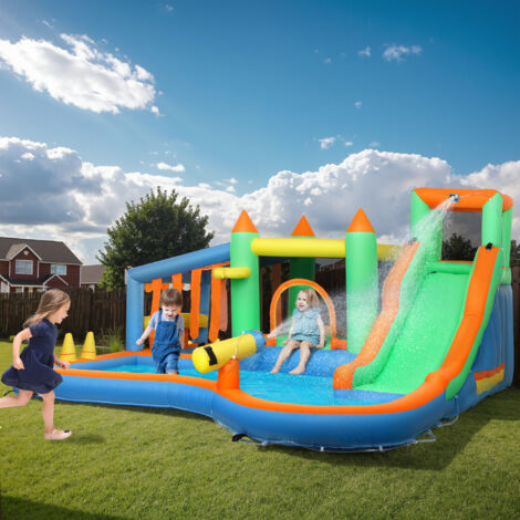Château Gonflable Extérieur XXL – Double Toboggan, Mur D'Escalade, Pataugeoire, Canons à Eau – 5 En 1 – Max 90 Kg