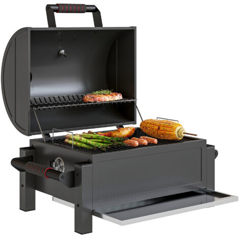 Barbecue charbon avec couvercle, grille chauffe-plats, cendrier, thermomètre, inox, 67 x 53 x 55 cm, noir rouge