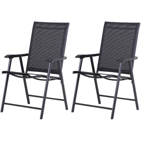 Lot de 2 chaises pliantes de jardin avec accoudoirs en métal et Texteline noir 58x64x94 cm (1/5)