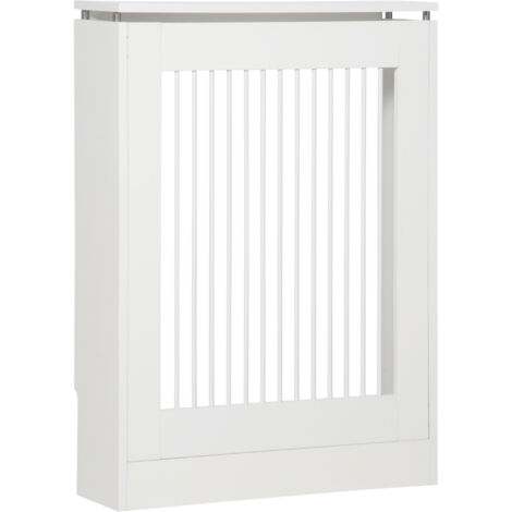 Cache radiateur moderne à lattes blanc MDF et acier 60x18x84 cm antiroulis