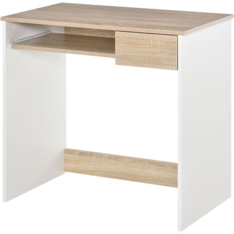Bureau d'ordinateur blanc et chêne avec plateau clavier et tiroir 80x45x75 cm (1/5)