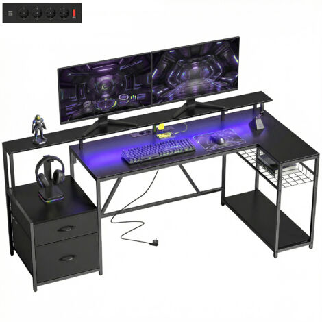 Bureau gamer angulaire noir avec hub de recharge, LED et support moniteur 192.5x80x86.5 cm (1/5)