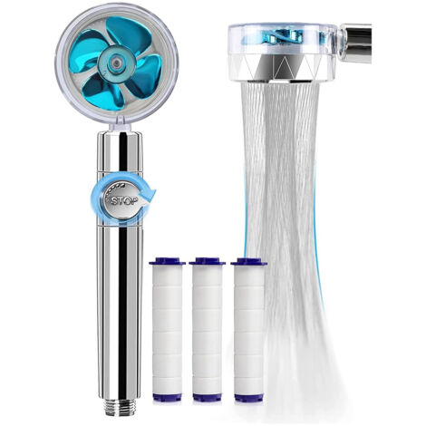 Douchette, Pommeau de Douche Anti Calcaire Economie Deau, Rotative à 360°Pommeau de Douche Helice Haute Pression Filtre à Trois Niveaux Système de Filtrage avec Filtre 3 Coton PP Remplaçable (Blue) (1/5)