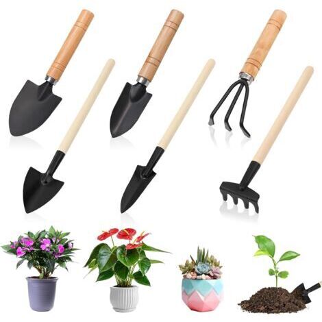6 Pièces Outils de Jardinage, Mini Outils de Jardinage, Mini Outil de Jardin, Outil de Jardinages à Main avec Manches en Bois, Pelle, Bêche, Râteau, pour Balcon Potager Plantes Grasses (1/5)