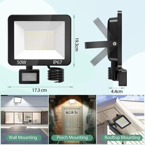 Déstockage 50W Projecteur LED Exterieur Detecteur de Mouvement, IP67 Étanche Spot LED Avec Détecteur, 5000LM 7000K Blanc Froid Eclairage Exterieur, Lampe Exterieur pour Jardin Terrasse Entrée