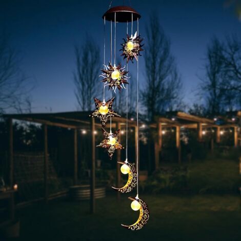 Carillon a Vent Exterieur, Carillon Solaire Extérieur éolienne Solaire Lampe de Jardin avec Soleil Lune Étoile, Décoration Lumineuse Solaire Suspendre pour Balcon Terrasse (1/4)