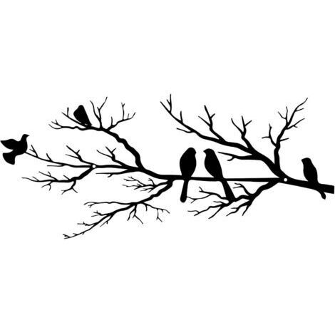 Décoration murale d'extérieur en métal à suspendre – Silhouette d'oiseaux sur branche – Feuilles noires avec oiseau – Sculpture murale d'extérieur à suspendre pour maison, balcon, jardin-petit